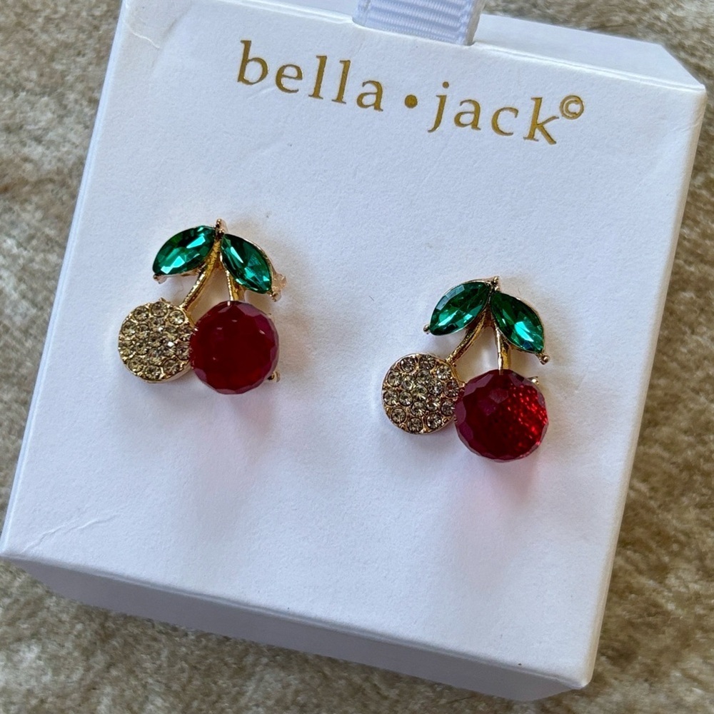 Brand New Bella Jack Red Cherries Crystal Rhinestone Post Earrings Studs Pierced - Picture 11 of 12